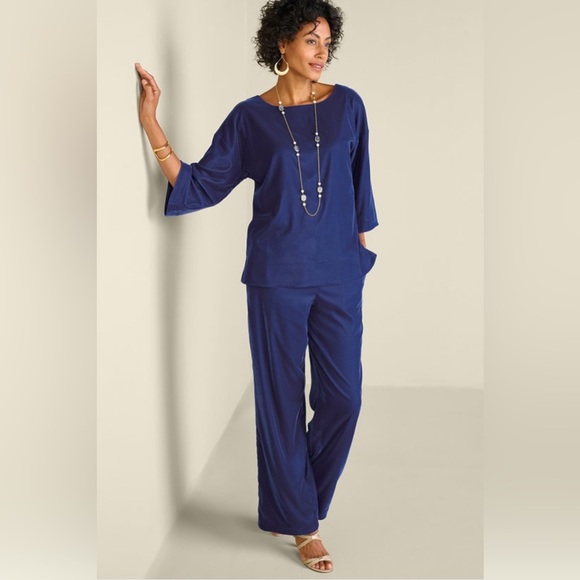 NWT Soft Surroundings Blue Aria Velvet Tunic 3/4 Sleeve Top Lagenlook Sz‎ Medium - Picture 1 of 13